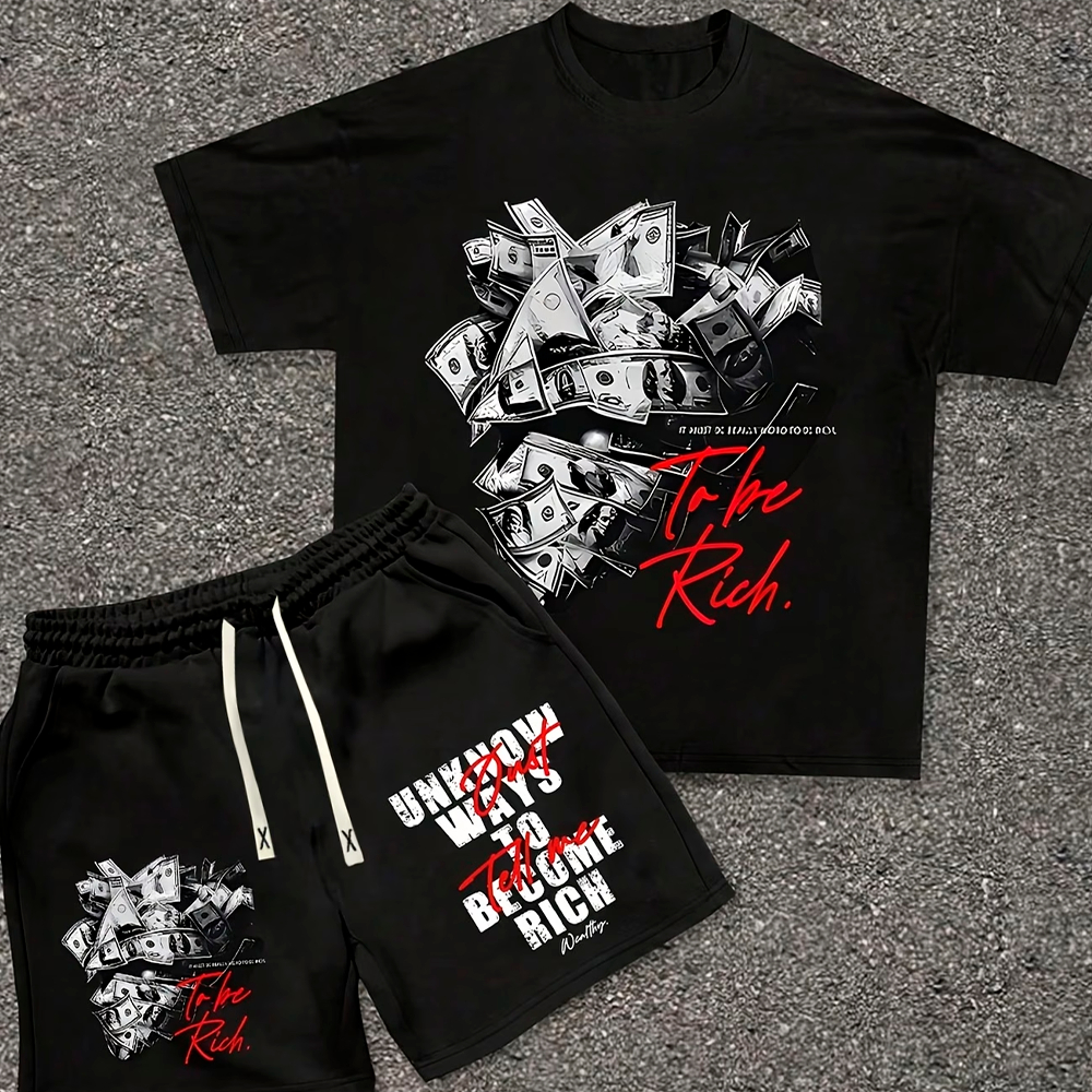 Conjunto Camiseta Oversized + Short Bermuda Moletom com Cordinha MONEY INFINITO Streetwear Gótico Y2k Unissex Estampado