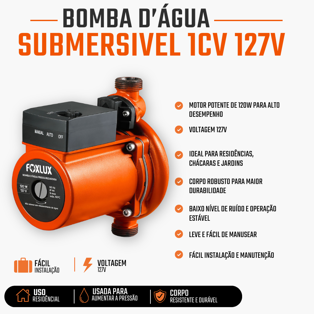 Bomba Pressurizadora Foxlux 127V 120W 9mca com Fluxostato Automático Silenciosa Chuveiro e Torneira · foto 2