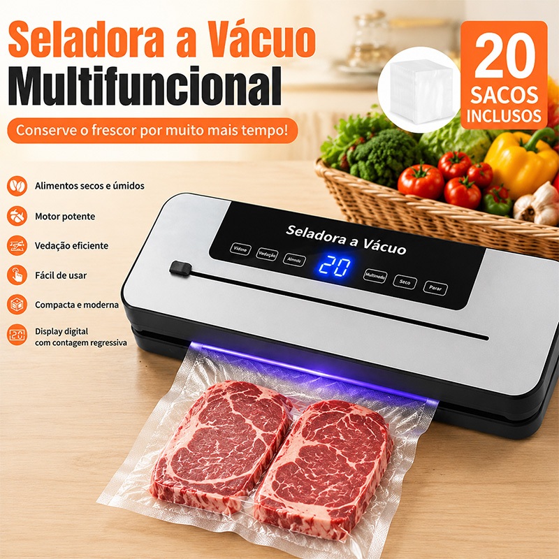 Seladora A Vácuo Selo Seco/úmido 6 Modos Com Cortador E 20 Sacos 30cm