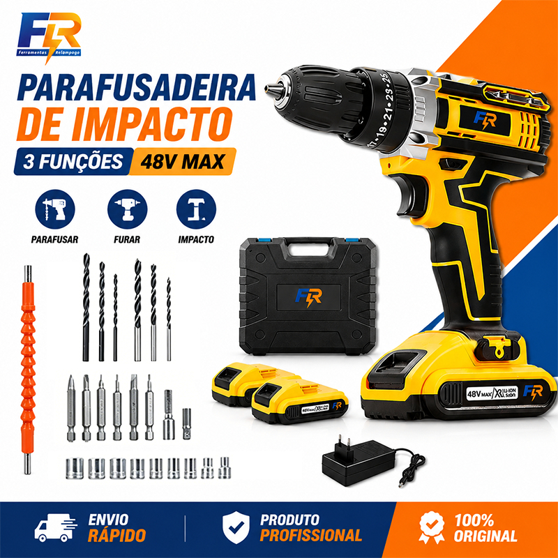 Parafusadeira Impacto Sem Fio 48V Max Bivolt 3 Funções, Kit 2 Baterias Lítio, Maleta, Carregador, Brocas Bits