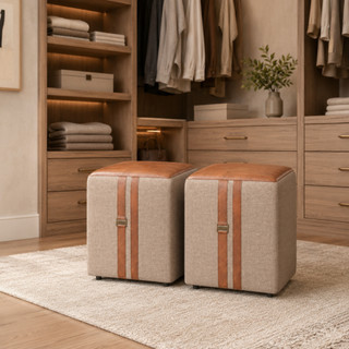KIT 2 Puff Puf Quadrado Linho Courino Domus