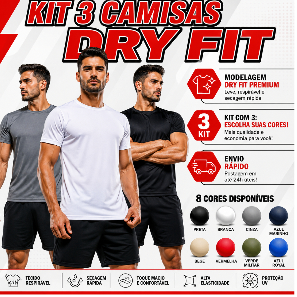 Kit 3 Camisetas Masculinas Dry Fit Academia Poliéster Premium Proteção UV