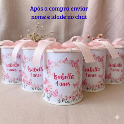 Tubolata 7x6 Jardim das Borboletas Personalizada Lembrancinha aniversário Maternidade Chá bebê com laço