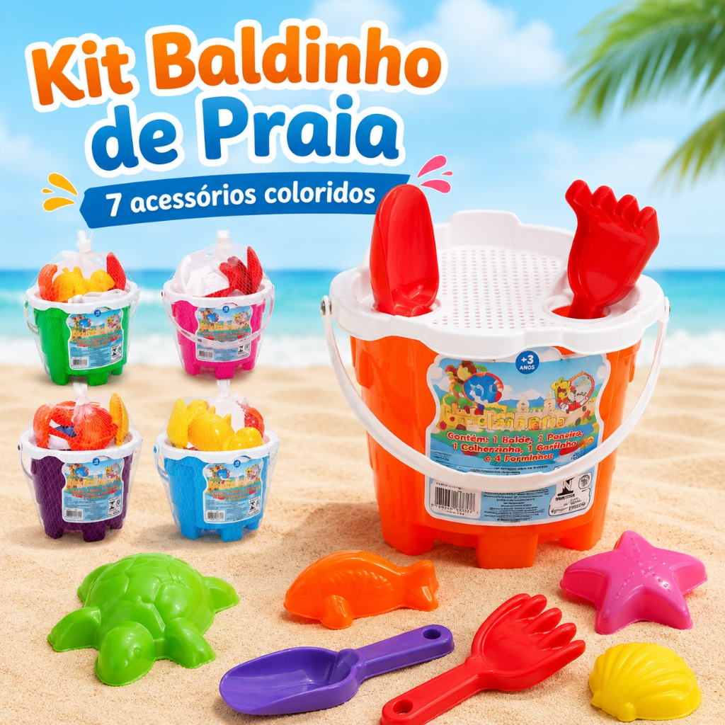 Kit Baldinho de Praia Infantil Castelinho Radical 7 Acessórios Coloridos