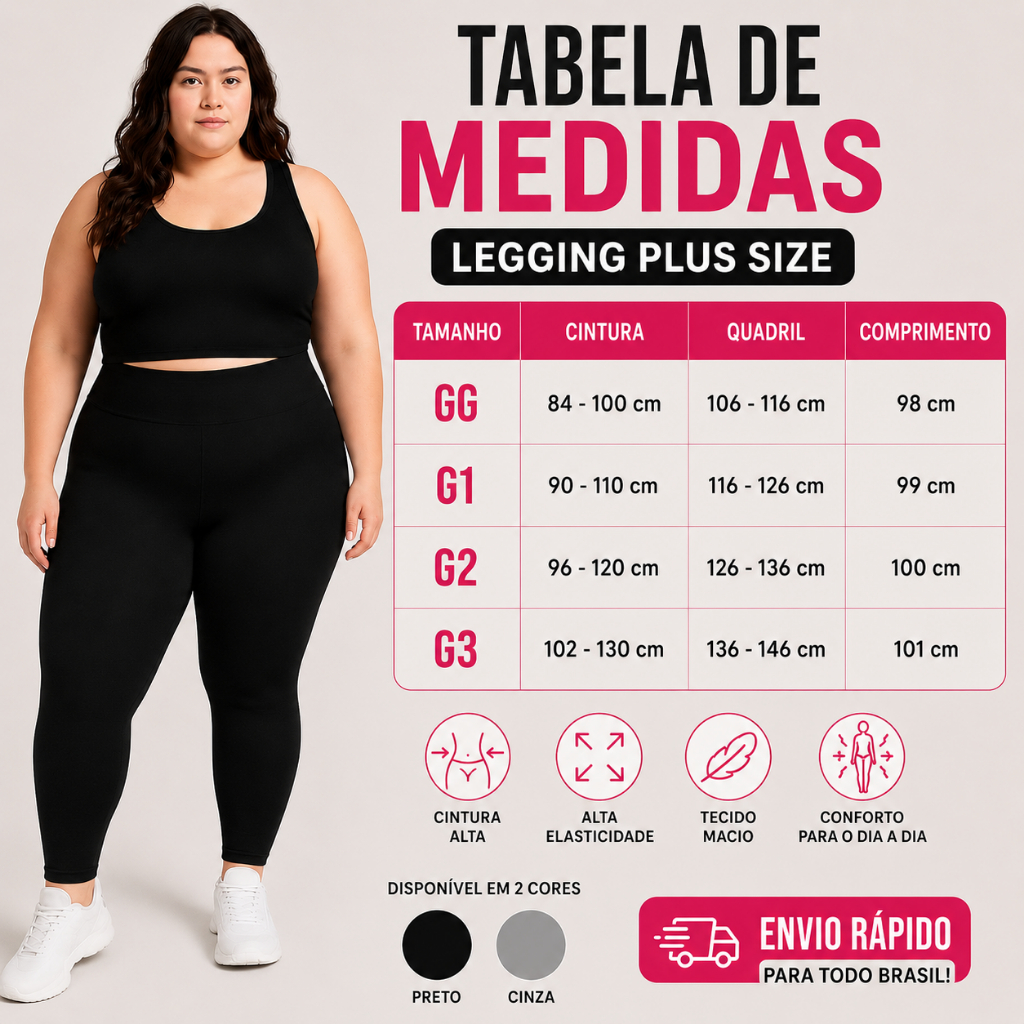 Calça Legging Plus Size Feminina Suplex Cintura Alta Costura Reforçada GG G1 G2 G3
