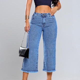 Calça Jeans Pantacourt Feminina Cintura Alta Barra Desfiada