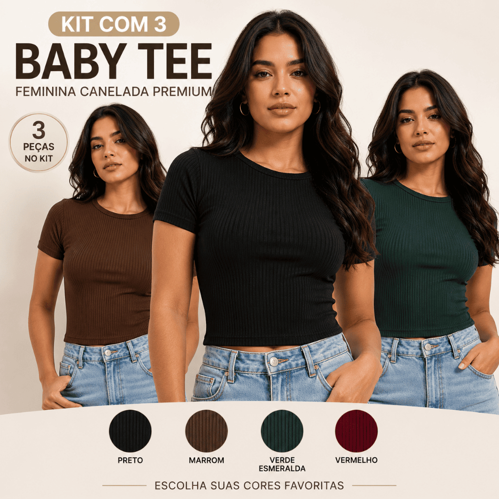 Kit 3 Baby Tee Feminina Canelada Basica Slim Fit Blusa Cropped Casual Verão Academia Fitness