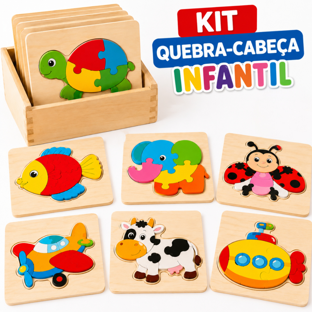 Kit Quebra Cabeça Infantil Madeira Brinquedo Educativo Pedagógico Montessori Encaixe