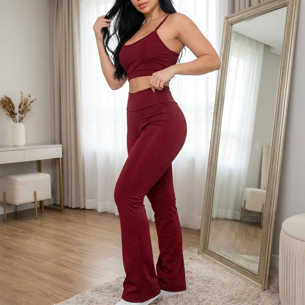 Conjunto Fitness Yoga Feminino Bordô Calça Legging Flare E Top Cropped Academia Zero Transparência