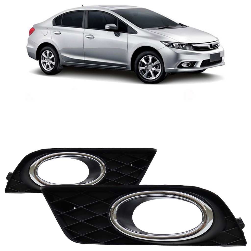 Par Moldura Grade Milha Civic LXS 2012 2013 2014 Preto Aro Cromado