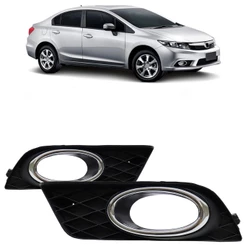 Par Moldura Grade Milha Civic LXS 2012 2013 2014 Preto Aro Cromado
