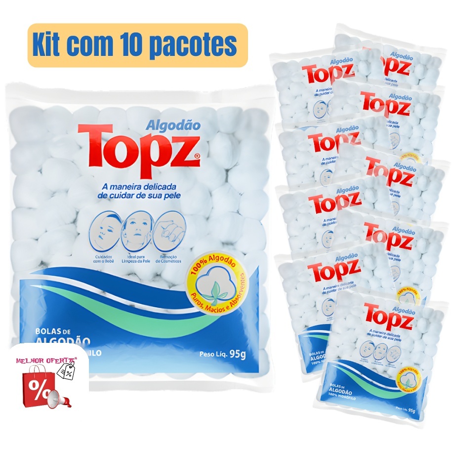 KIT BOLAS DE ALGODÃO TOPZ 12 PACOTES 50G 100% HIDRÓFILO
