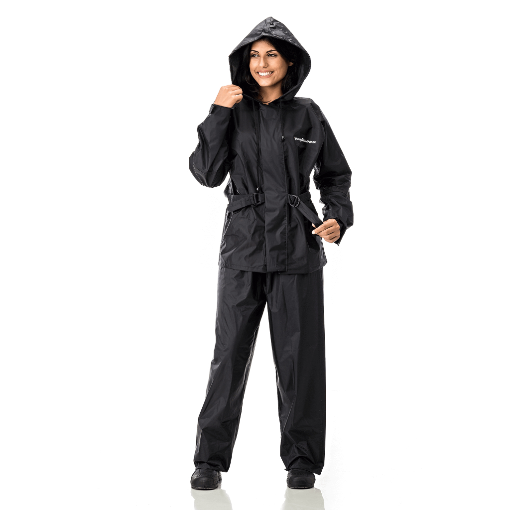 CAPA DE CHUVA CONJUNTO NYLON FEMININO CAPUZ PRETO