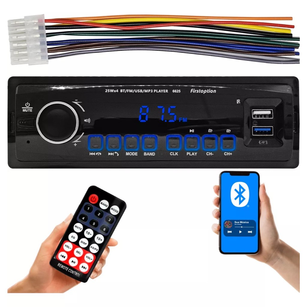 Rádio Mp3 Automotivo Com Controle Player Bluetooth Usb Universal 1 Din Painel Led