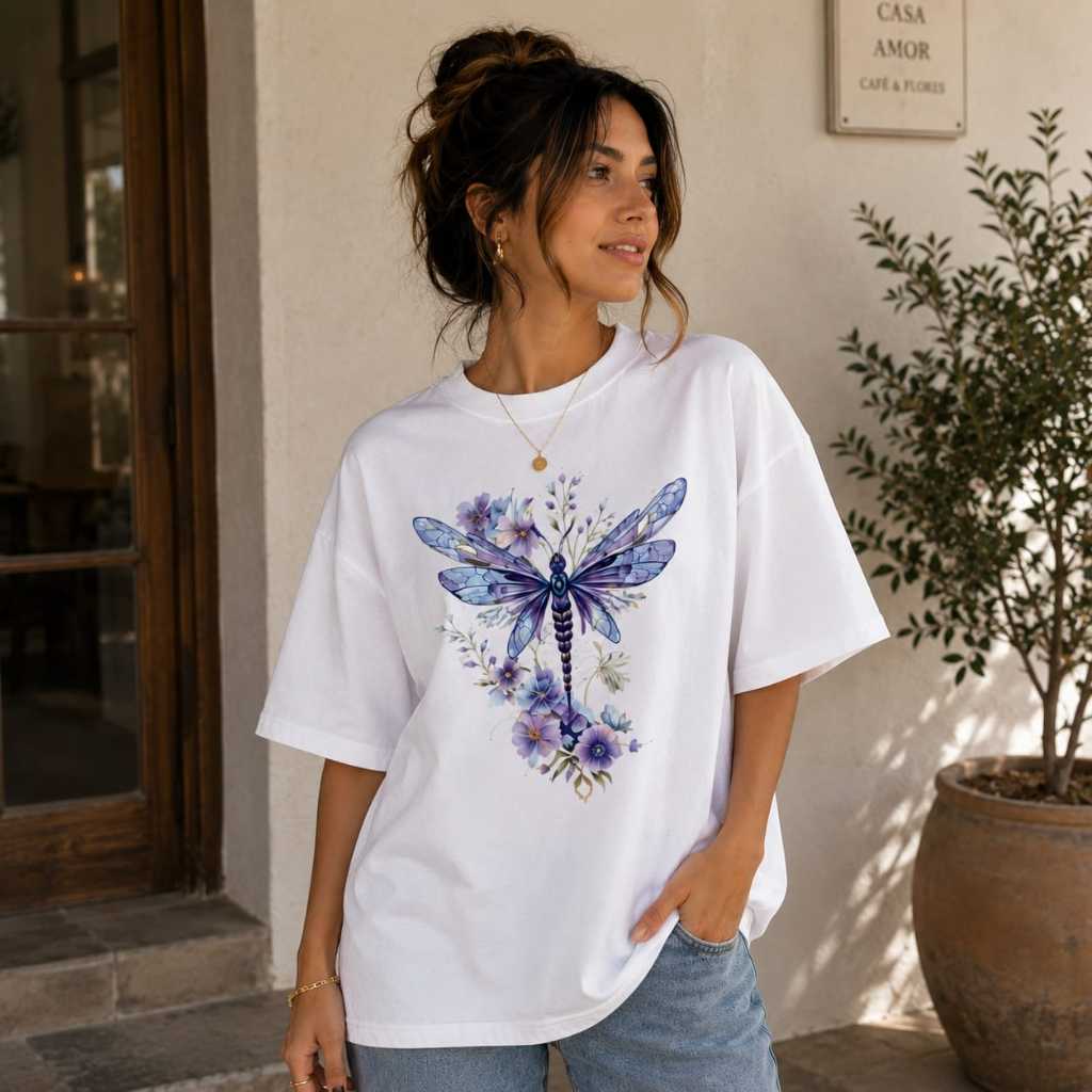 Camiseta Feminina Oversized Estampada Libélula Linha Premium 100% Algodão Confortável Academia