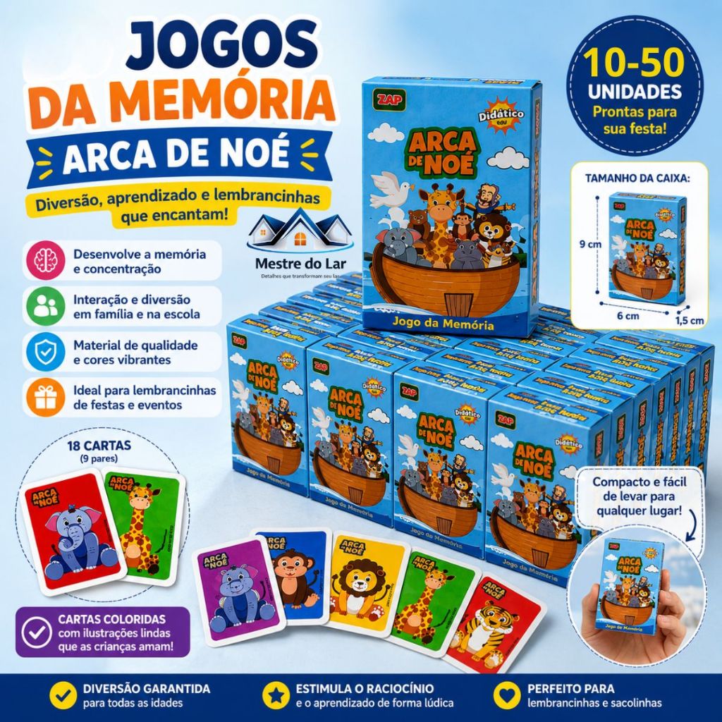 kit 10-50 Jogo da Memoria Arca de Noé Brinquedo Infantil Lembrancinha Prenda Educativo Didático Bíblico