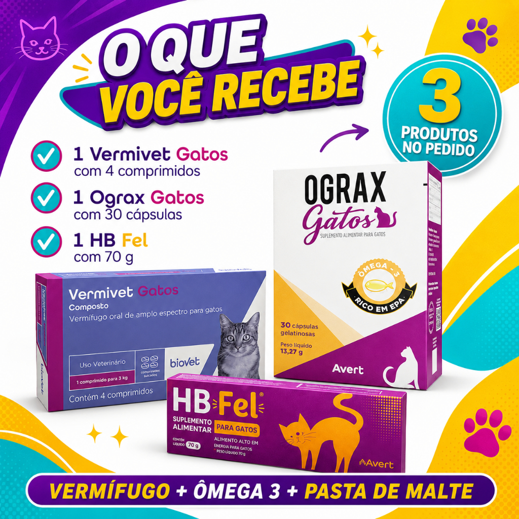 Kit Cuidado Completo para Gatos Vermivet 4 Comprimidos + Ograx 30 Cápsulas + HB Fel 70g - Envio Imediato