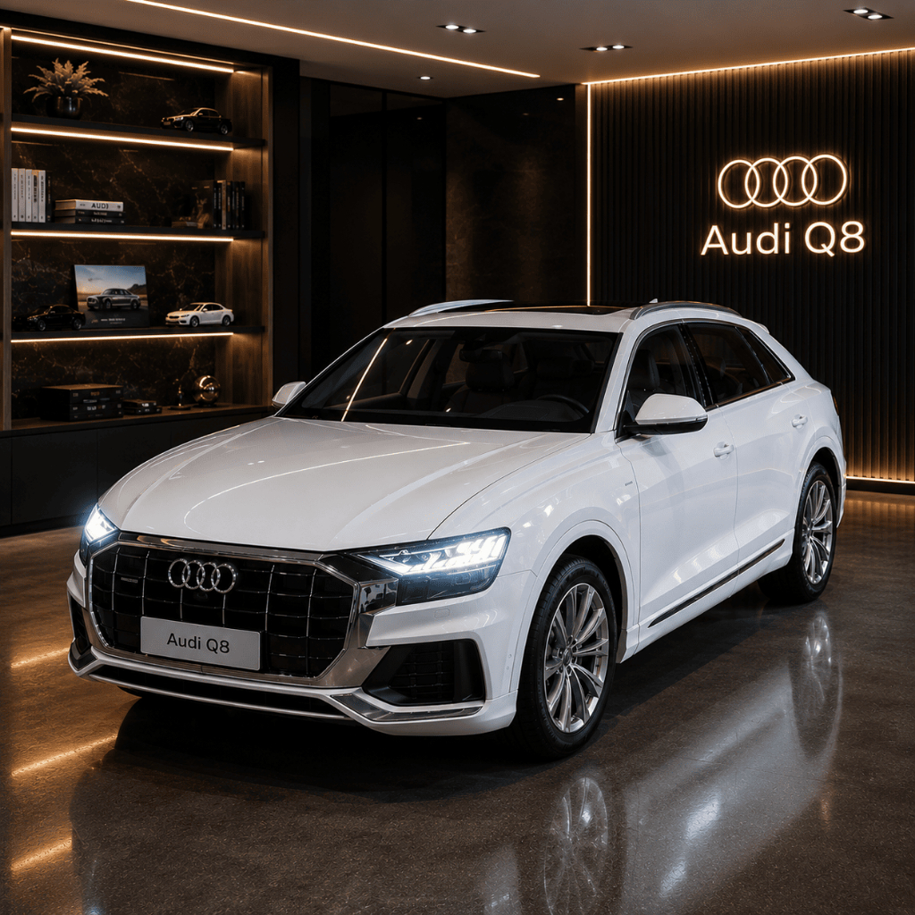 Miniatura Audi Q8 Metal Escala 1:24 Carrinho Colecionável Fricção Luz Som Abre Porta Capô Porta-Mala