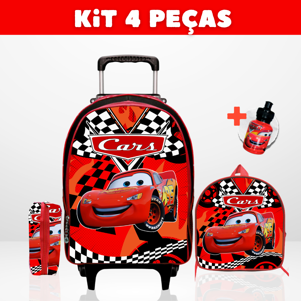 Mochila Escolar Infantil Carros com lancheira e estojo