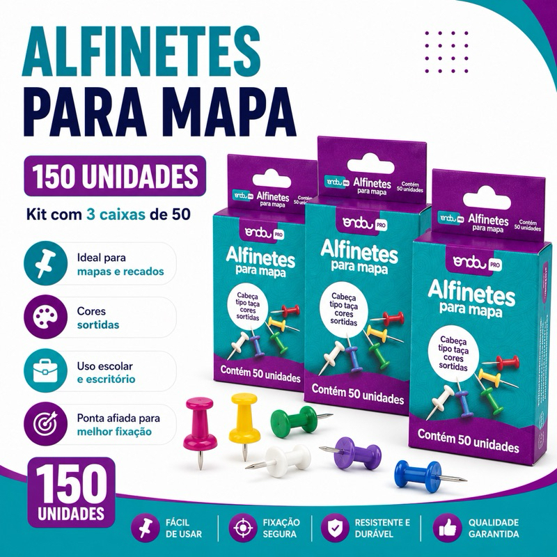 Alfinetes Para Mural Cortiça Taça Coloridos 150 unidades Ideal Mapa