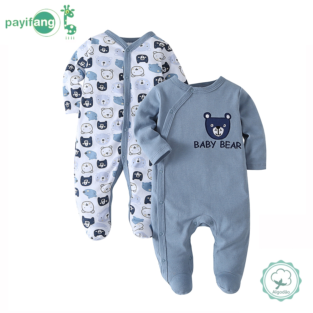 Kit 2 Macacão Bebê Menino Longo com Pé 100% Algodão Ursos Azul Roupa de Dormir TM-22