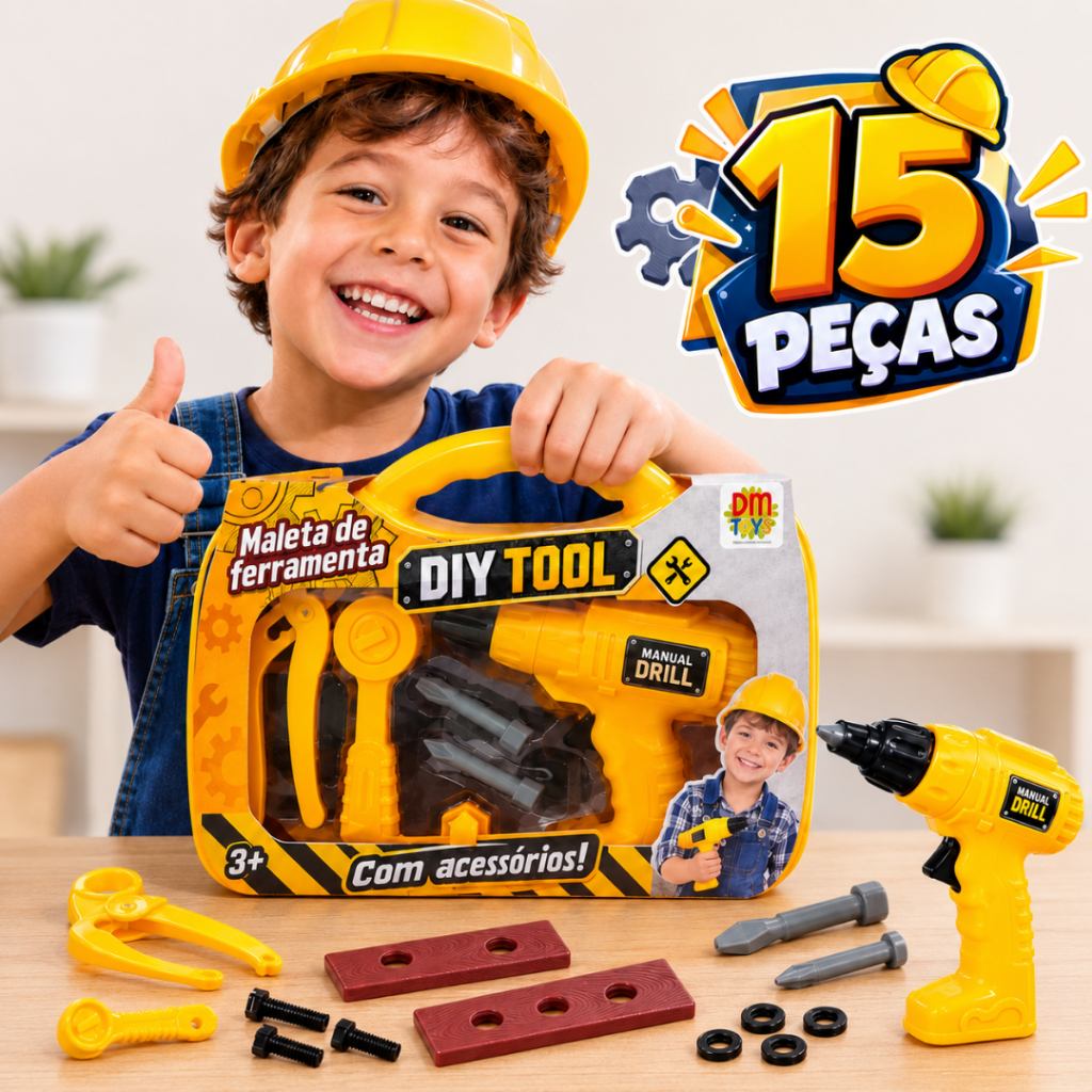 Kit Ferramentas de Brinquedo Infantil com Maleta Furadeira Funcional Alicate Parafusos e Porcas 15 Peças Educativo