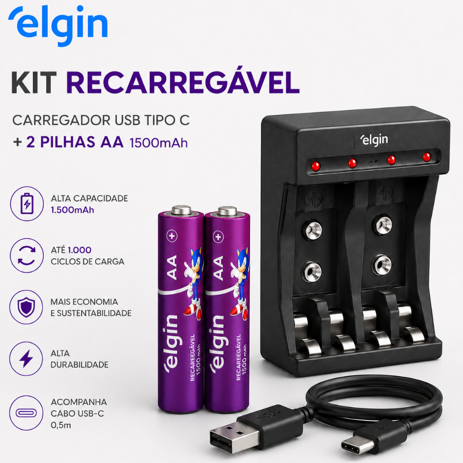 Carregador de Pilhas para 4xAA ou 4xAAA e 2x Bateria 9v  Elgin - c/ 2 Pilhas Recarregáveis AA