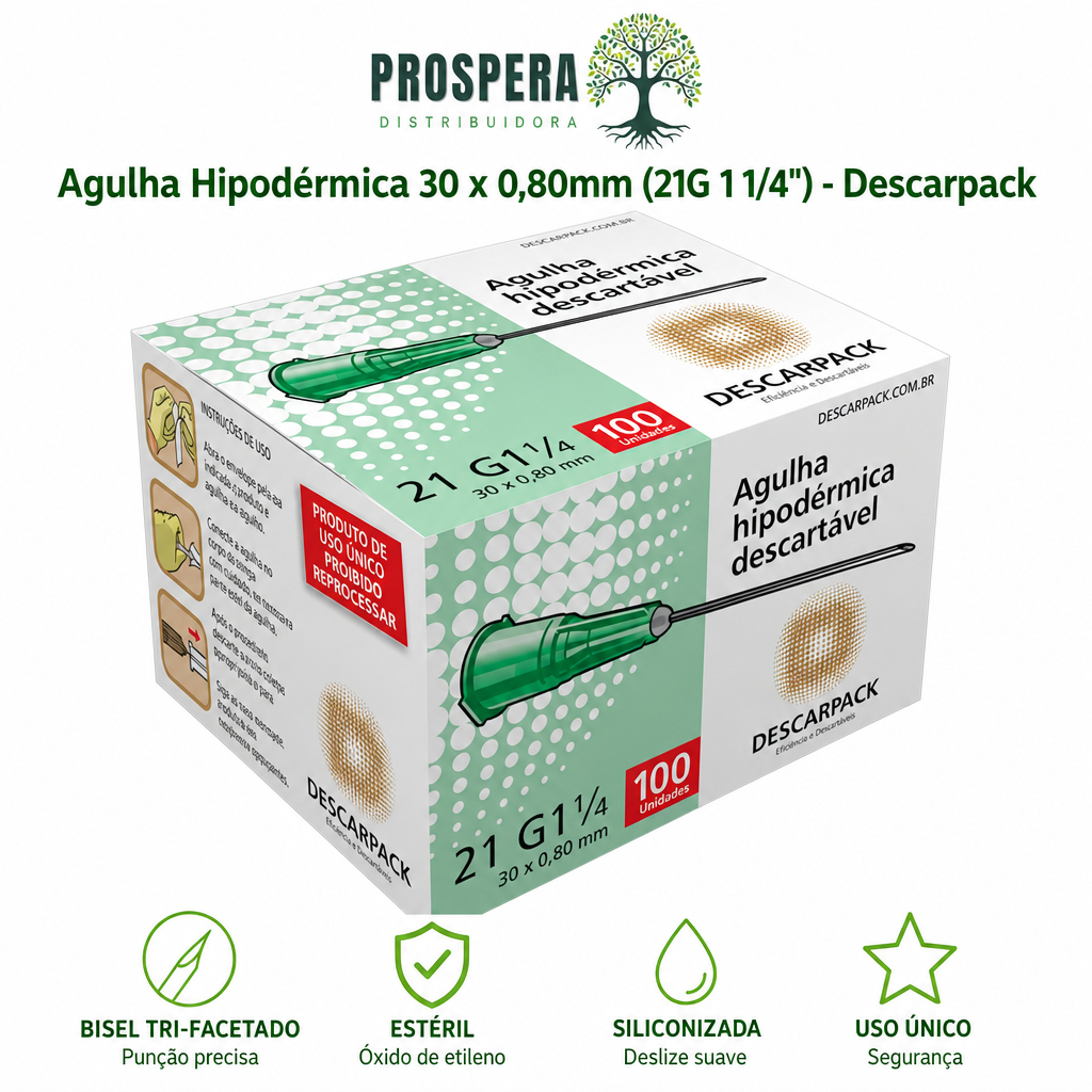 Agulhas Hipodérmicas 30 X 0,80mm (21g x 1 1/4) - Escolha 25, 50, 100, 200 ou 300 unidades - DESCARPACK