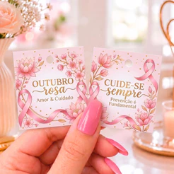 Mini Cartão/Tag Outubro Rosa, Mimos, Clientes, Amigas - Amor e Cuidado, Cuide-se Sempre Prevenção é Fundamental