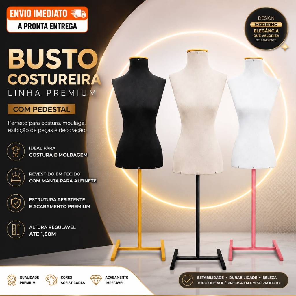 Busto Manequim Feminino Costureira Moulage com Pedestal Expositor Loja Vitrine Premium Off White Branco Preto