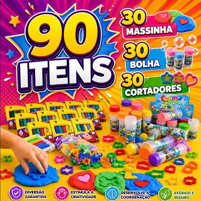 Kit Massinha de Modelar 36/60/90 Itens Bolha de Sabão Cortador Molde Lembrancinha Infantil Festa Aniversário