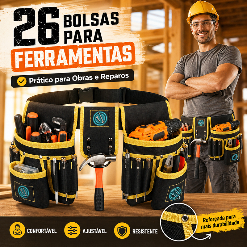 Cinto bolsa de ferramentas profissional resistente com ímã, 26 bolsos ajustável para eletricista e carpinteiro