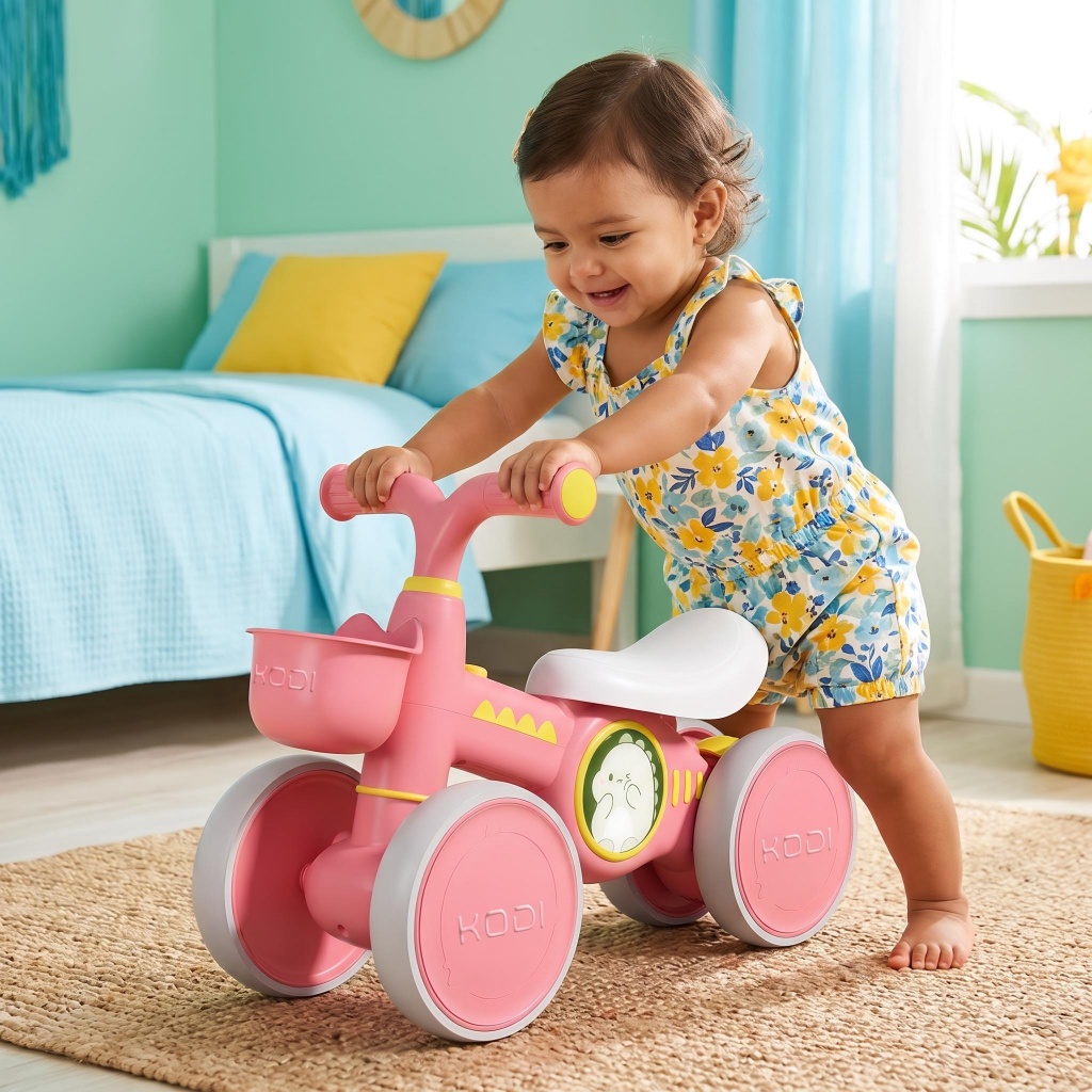 Bicicleta de equilíbrio 4 rodas sem pedal com música e luzes, caminhador infantil leve com rodas amplas para bebês-P25