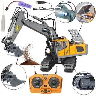 Escavadeira Trator Controle Remoto Caminhão 11 Funções Brinquedo Menino Recarregável Bateria Farol