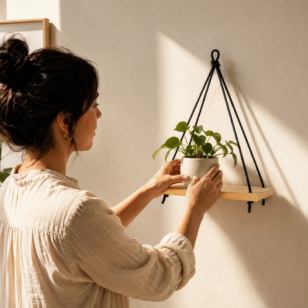 Kit 4 Prateleira Suspensa de Madeira MDF 20x15cm com Corda Preta de Nylon para Plantas e Decoração