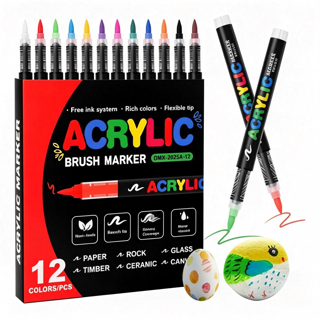 Kit Marcador Acrílico 12 Cores Tinta Direta Ponta Macia, Lavável, Pintura em Pedra, Vidro, Madeira e Cerâmica