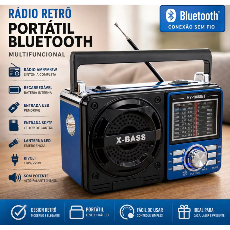 Rádio Retrô Vintage Portátil Bluetooth Recarregável Tomada/Pilha AM FM SW USB SD Pendrive