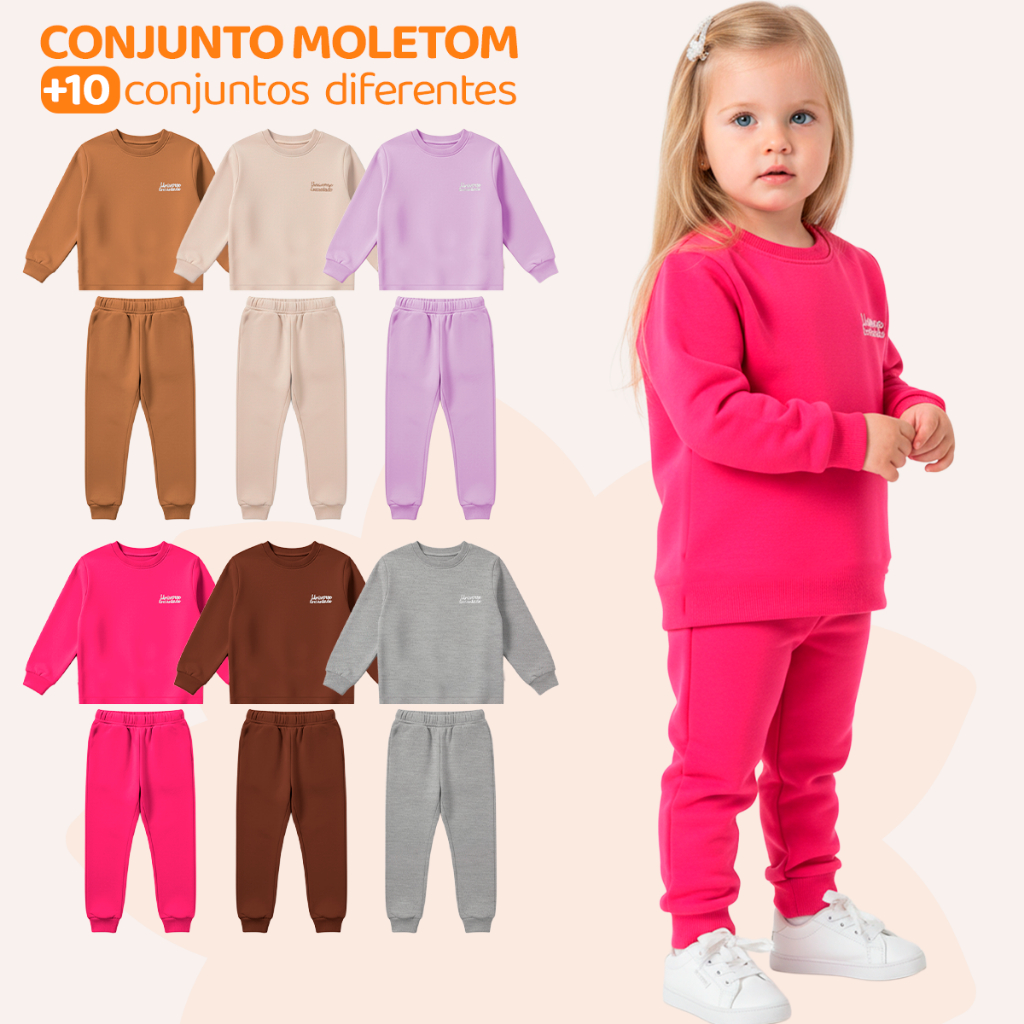 Kit 4 Peças Moletom Minimalista Infantil Menina Kids Criança Blusa e Calça Manga