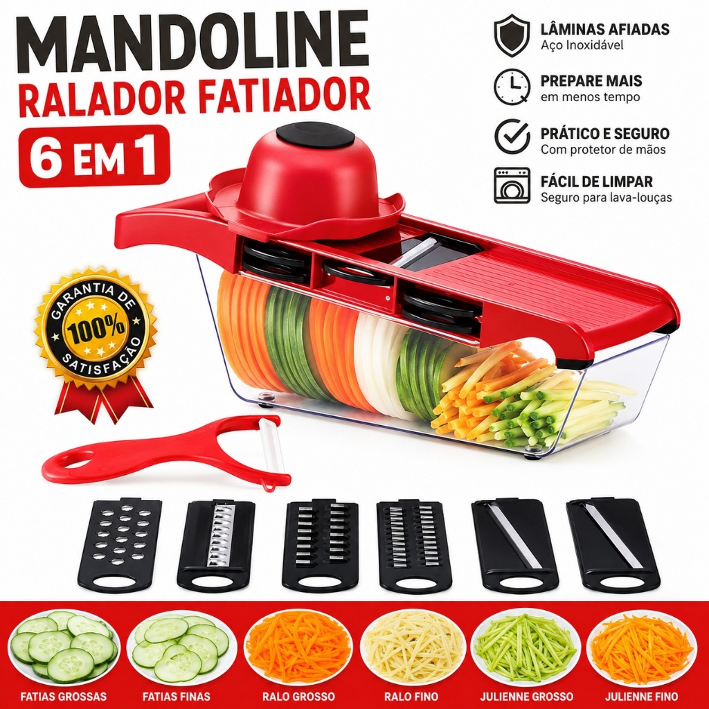 Mandoline Cortador Fatiador Ralador Legumes 6 Em 1 Aço Inox Com Coletor