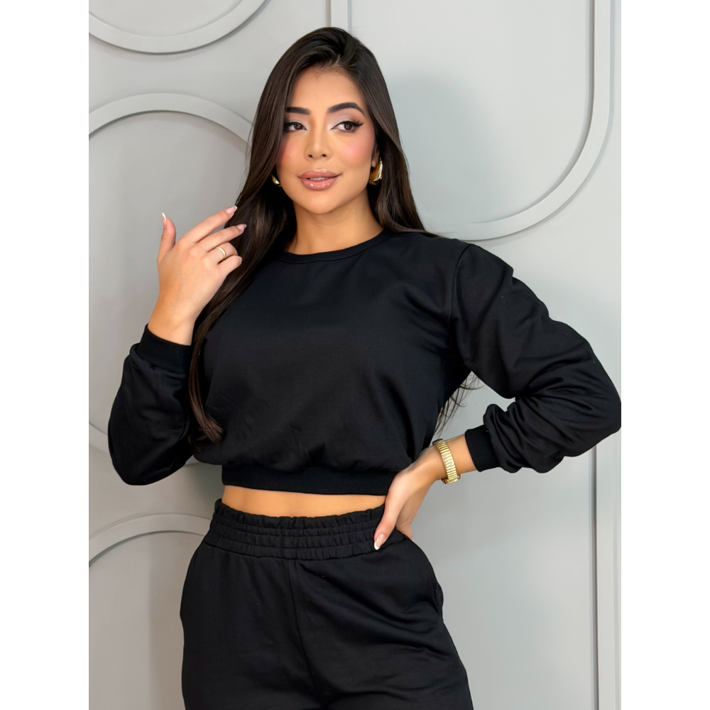 Cropped Moletom Blusa de Frio Casaco Flanelado Manga Longa Moda Blogueira
