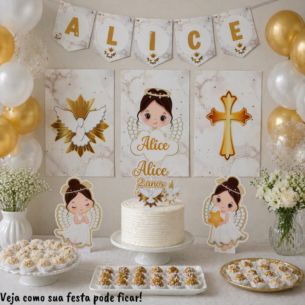 Kit Festa Batizado Menina– Só um Bolinho Personalizado com Nome | Pronto para Usar