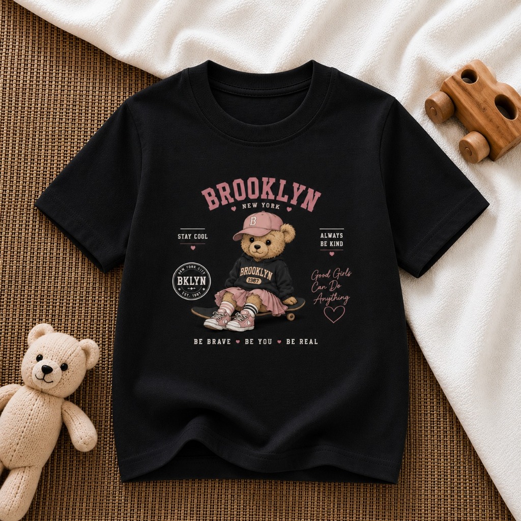 Camiseta Infantil Feminina Estampada Ursinho Blooklyn Em Algodão Premium Moda Infantil Casual