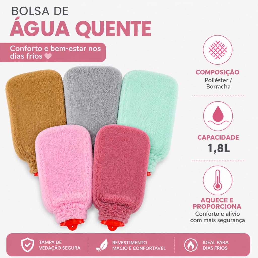 Bolsa de Água Quente 1,8L Pelúcida Térmica Peludinha Cólica Dor Abdominal Compressa Inverno Muscular Lombar Barriga
