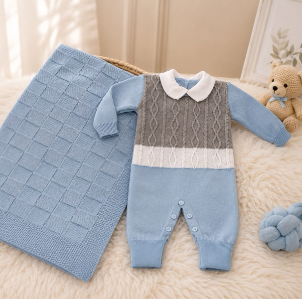 Kit Conjunto Macacão e Manta Saída Maternidade Trança de Tricô Bebê Reborn RN Roupinha de Bebe Menina e Menino Conforto