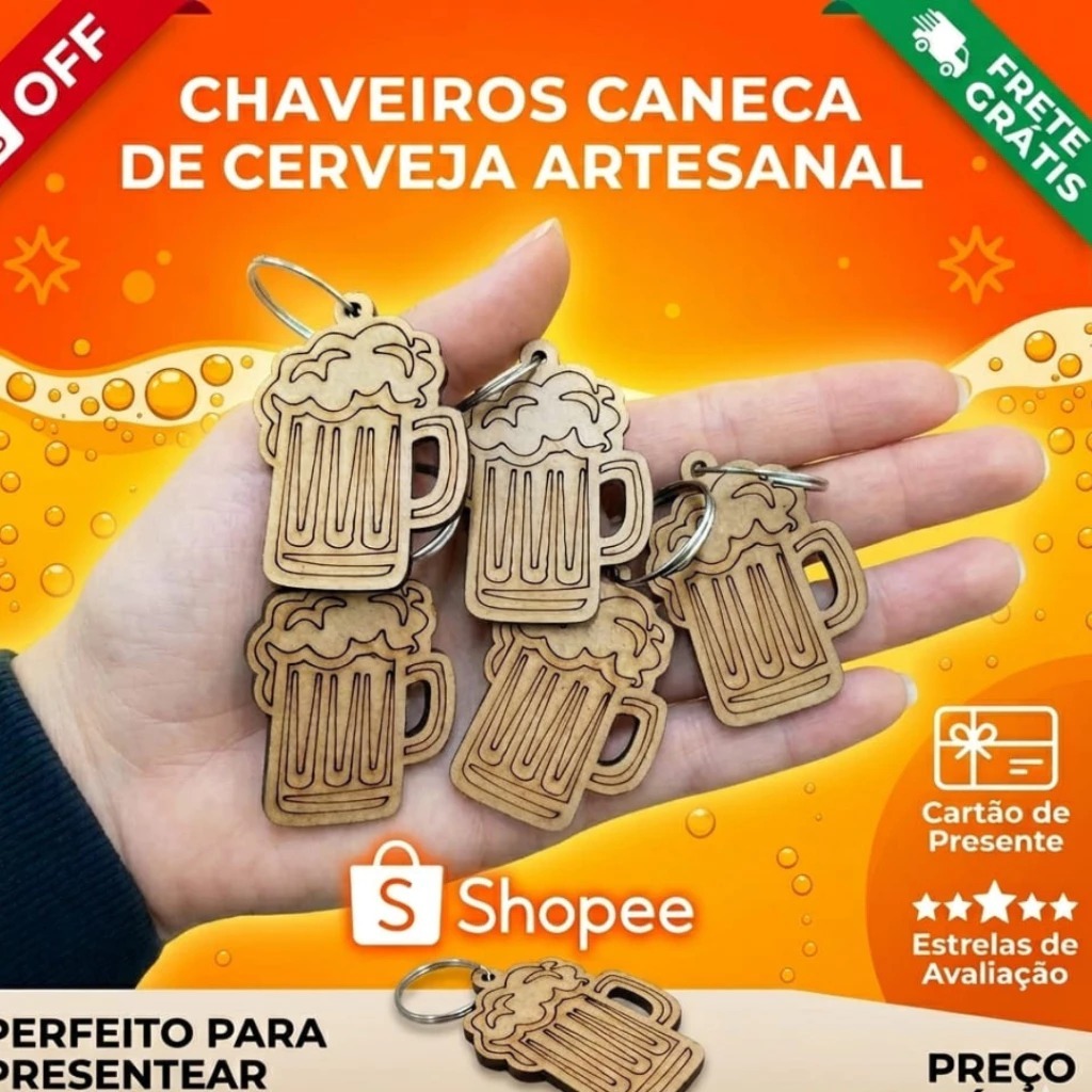 kit 30 unidades chaveiro MDF Copo de Chopp