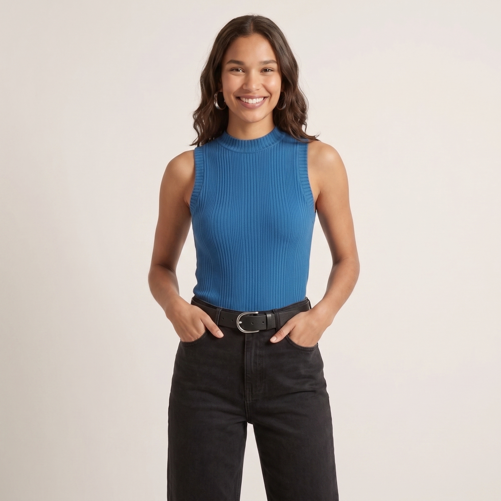 Regata Feminina Canelada Azul | Básica Elegante | Tecido Confortável e Ajuste Perfeito