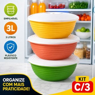Kit 3 Potes Bacia de Plástico Organizador Geladeira 3L Com Tampa Vedante Multiuso Cozinha e Freezer