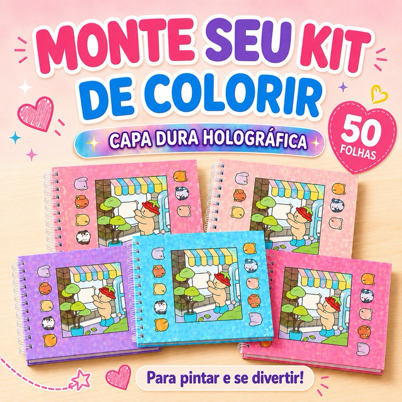 Mega Kit Caderno de Colorir Infantil Capa Dura Holográfica com Folha de Acetato Protetora Removível