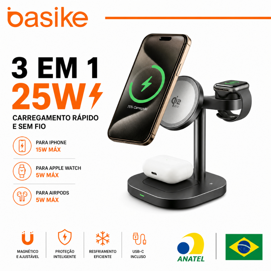 Basike Carregador Magnético 3 em 1 25W Sem Fio MagSafe p/ iPhone Apple Watch Air