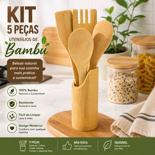 Conjunto 5 Utensílios de Madeira Bambu para Cozinha Colher Espátula Concha Espumadeira Pegador Kit Culinário Resistente